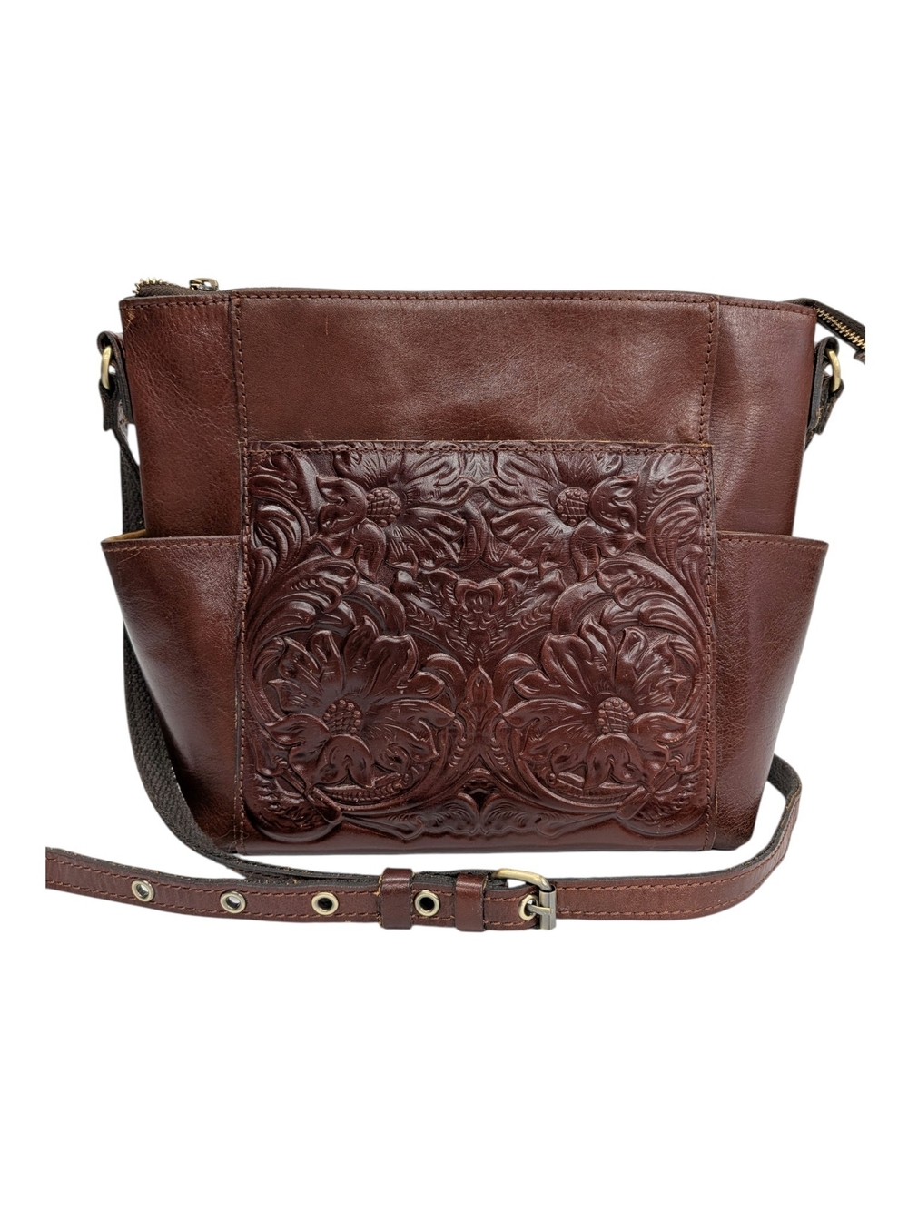 Patricia Nash Aveley Tooled Leather Floral Crossbody Bag Brown
